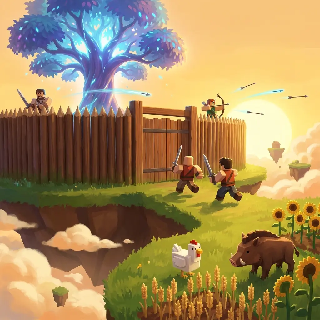 Raiders storm a timber gate beneath a glowing tree on a floating island in Sky Kingdoms