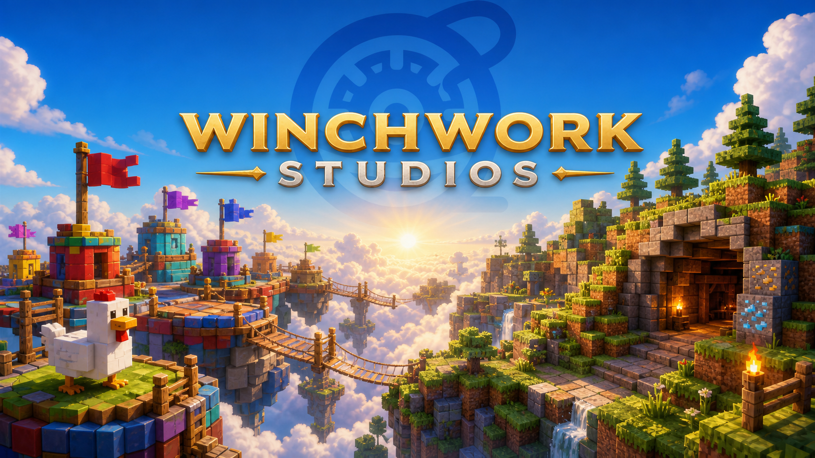 Winchwork Studios above colourful floating game islands